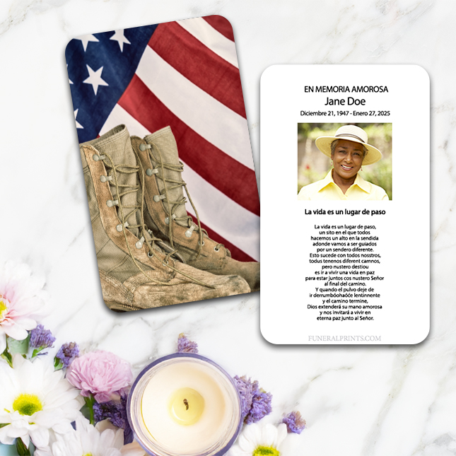 Show details for Flag & Boots Spanish Prayer Card