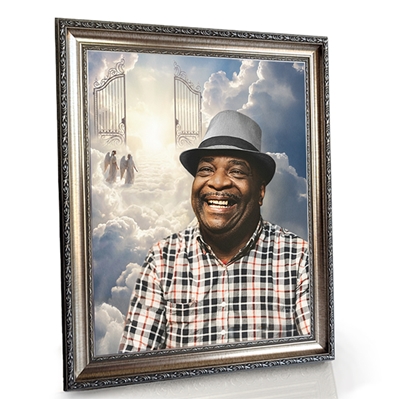 Show details for Framed Memorial Portrait - Pearly Gates Lifescape Background