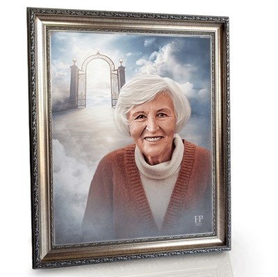 Show details for Framed Memorial Portrait - Pearly Gates Lifescape Background