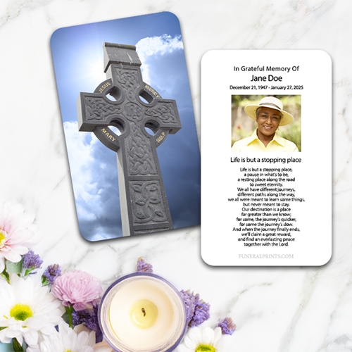 Show details for Celtic Cross Blue Sky 1 Spanish Prayer Card