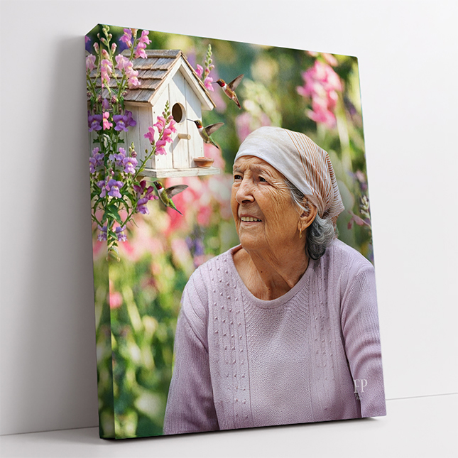Show details for Wrapped Canvas Memorial Portrait - Hummingbirds Dance Background
