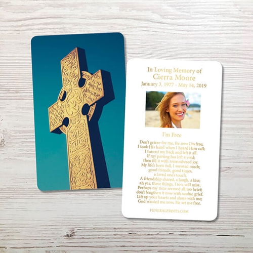Show details for Celtic Cross Blue Sky 2 Gold Foil Memorial Card