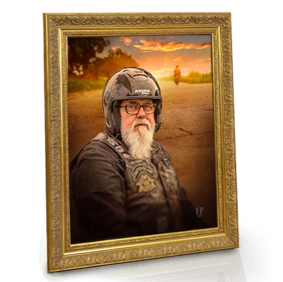 Show details for Framed Memorial Portrait - Motorcycle Sunset Lifescapes Background