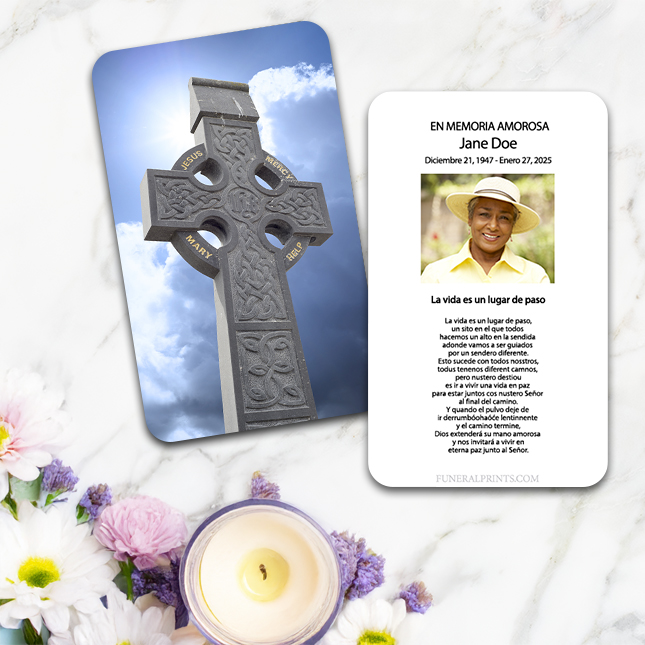 Show details for Celtic Cross Blue Sky 1 Spanish Prayer Card