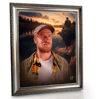 Show details for Framed Memorial Portrait - Fishermans Reflection Lifescape Background