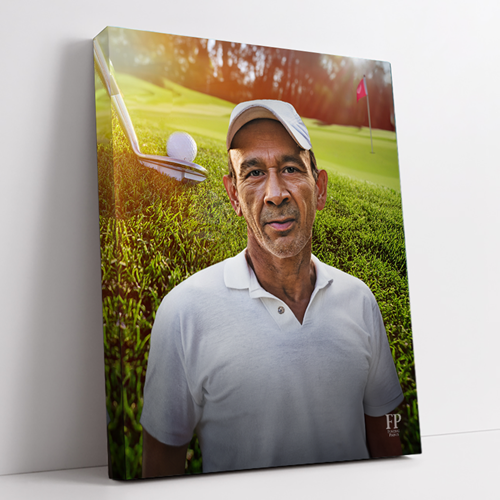 Show details for Wrapped Canvas Memorial Portrait - Emerald Fairway Lifescapes Background