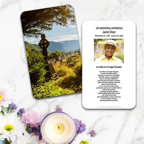 Show details for XX Glendaloug Celtic Cross Spanish Prayer Card