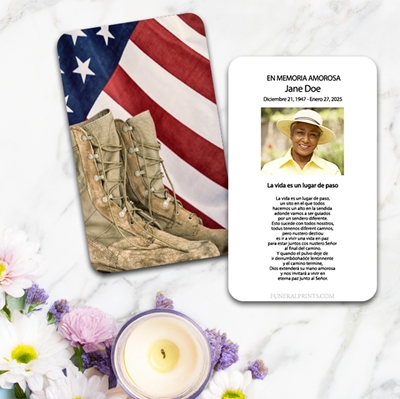Show details for Flag & Boots Spanish Prayer Card