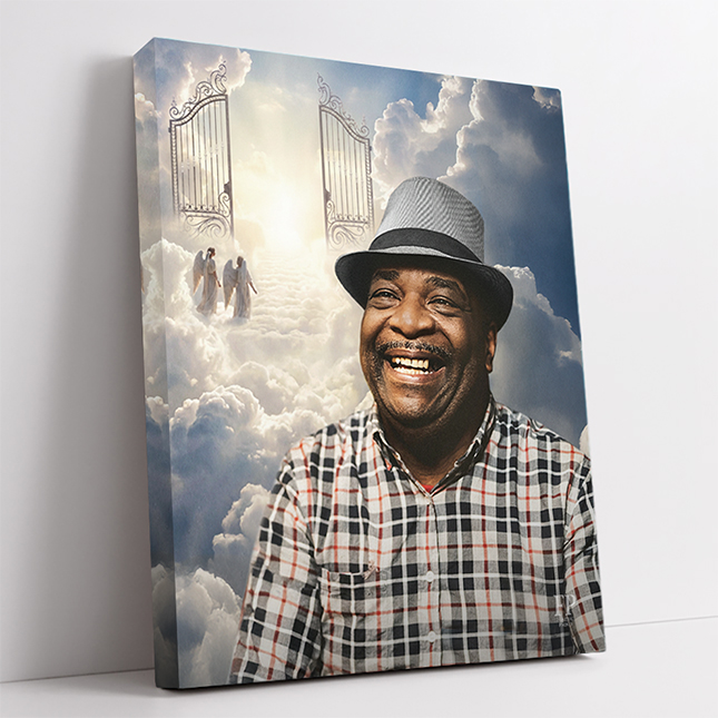 Show details for Wrapped Canvas Memorial Portrait - Pearly Gates Lifescape Background
