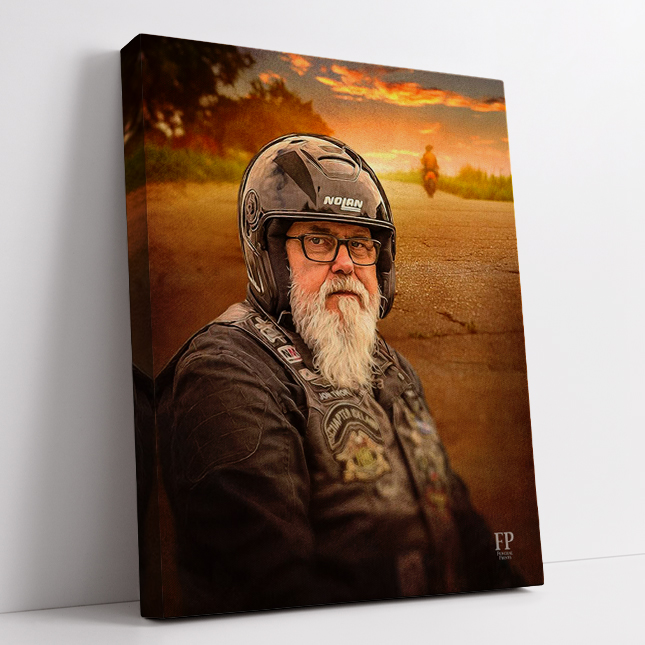 Show details for Wrapped Canvas Memorial Portrait - Motorcycle Sunset Lifescapes Background
