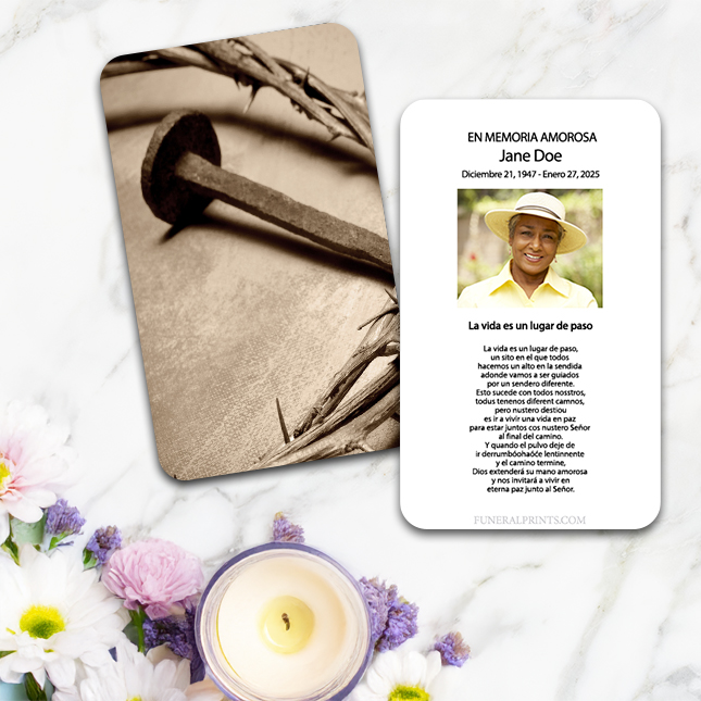 Show details for Crown and Nail Spanish Prayer Card