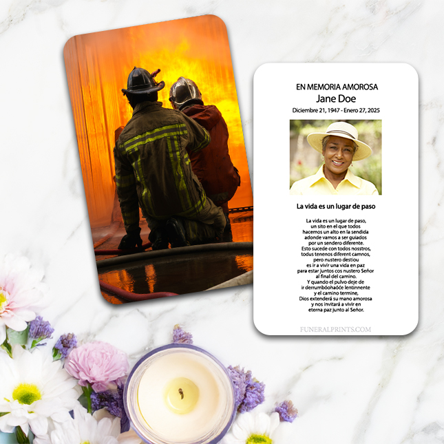 Show details for Fireman Fighting Flames Spanish Prayer Card